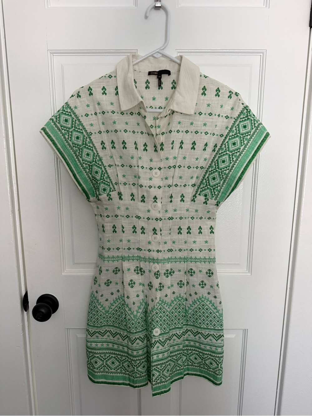 Maje Cream and Green Printed Button-Front Mini Dress